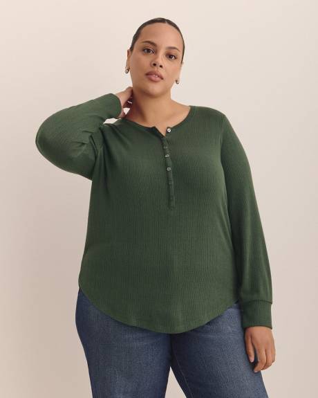 Long-Sleeve Pointelle Ribbed Knit Henley Top