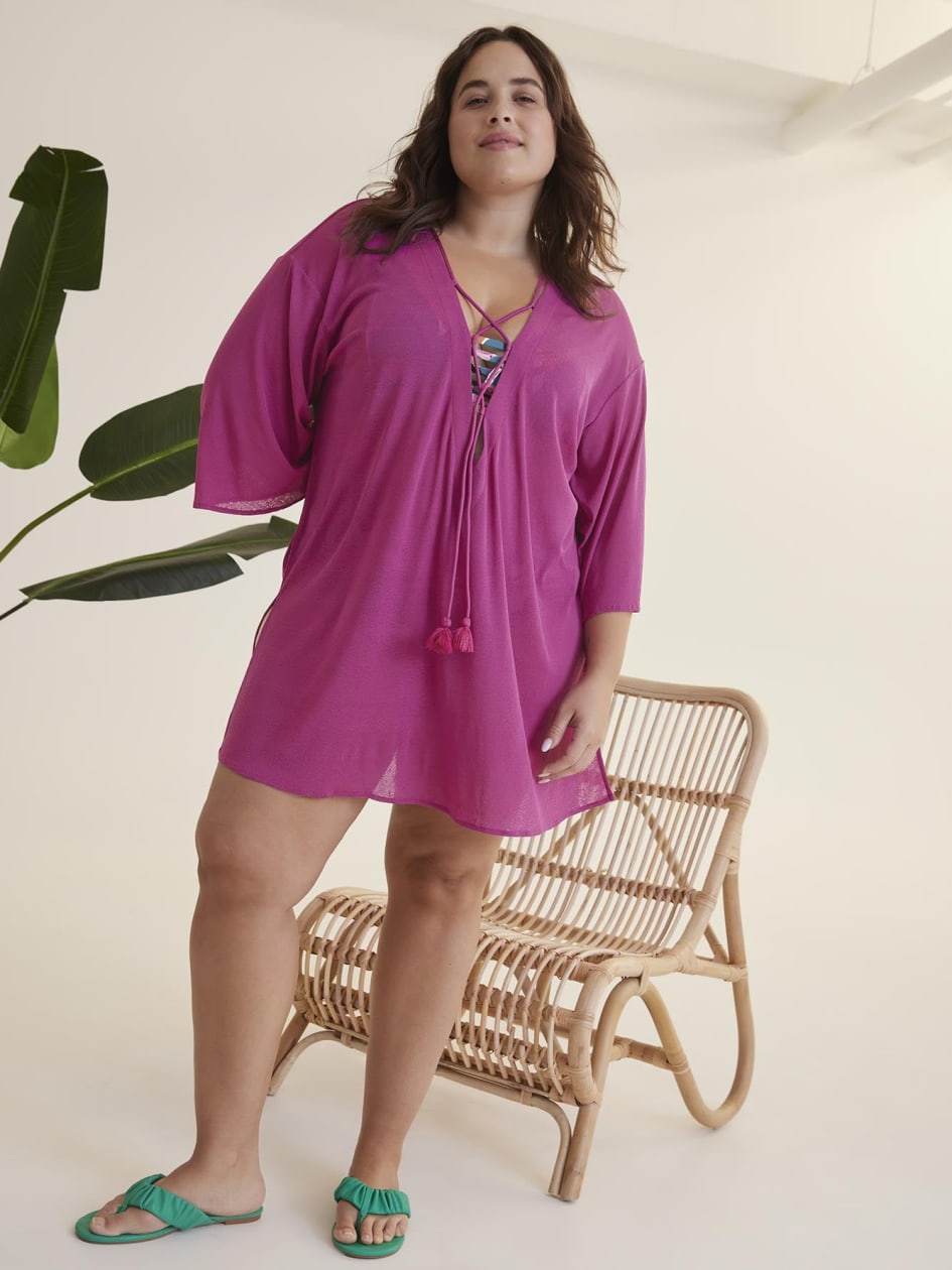 Knit Cover-Up Swim Dress with 3/4 Sleeves