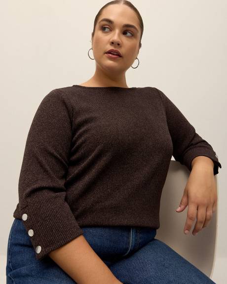 Ribbed Knit Swing Top with Buttons at Sleeves