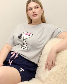 Haut de pyjama gris à manches courtes avec imprimé de Snoopy