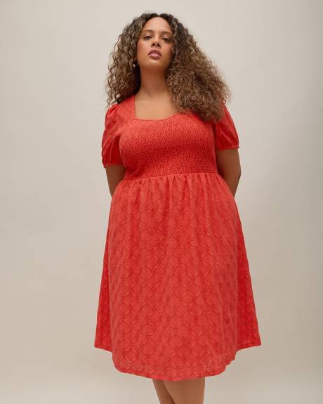 Eyelet Knit Dress with Short Balloon Sleeves