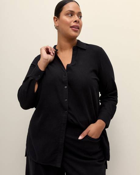 Linen Blend Tunic Shirt with Rolled-Up Sleeves