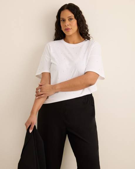 Crewneck Knit Top with Leaf Rhinestone Embellishment