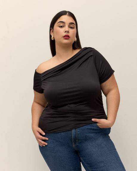Short-Sleeve Knit Top with Shirring Asymmetrical Neckline