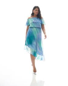 Robe mi-longue à épaules dénudées et ourlet étagé asymétrique - Addition Elle