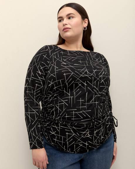 Boat-Neck Knit Top with Side Drawstrings