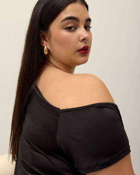 Short-Sleeve Knit Top with Shirring Asymmetrical Neckline