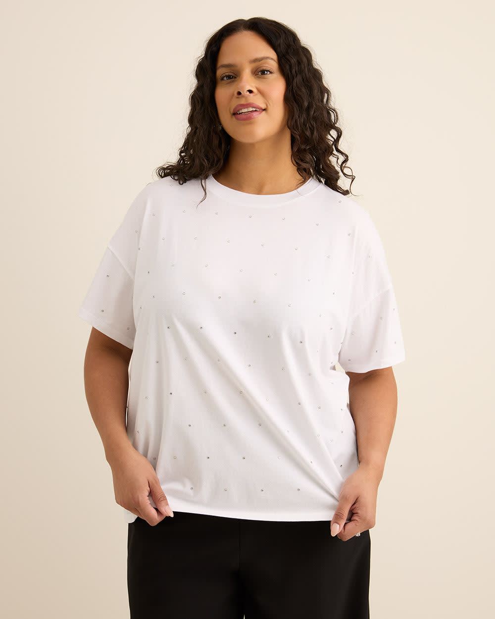 Crewneck Knit Top with Leaf Rhinestone Embellishment Crewneck Knit Top with Leaf Rhinestone Embellishment
