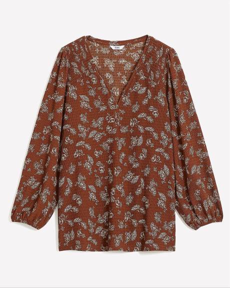 A-Line V-Neck Knit Top with Smocked Shoulders