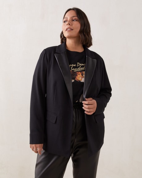 Single Breasted Blazer With PU Lapel - Addition Elle