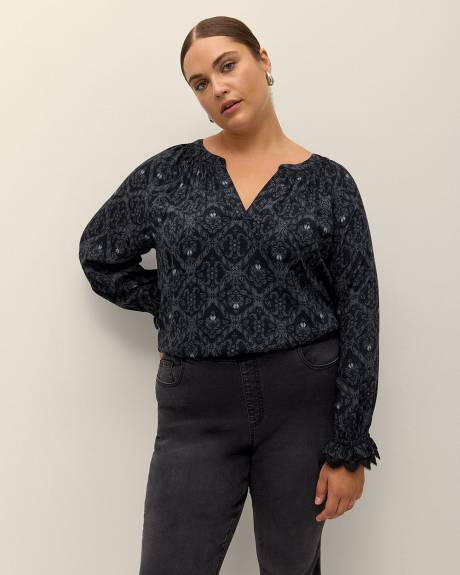 Long-Sleeve A-Line Blouse with Split Neckline