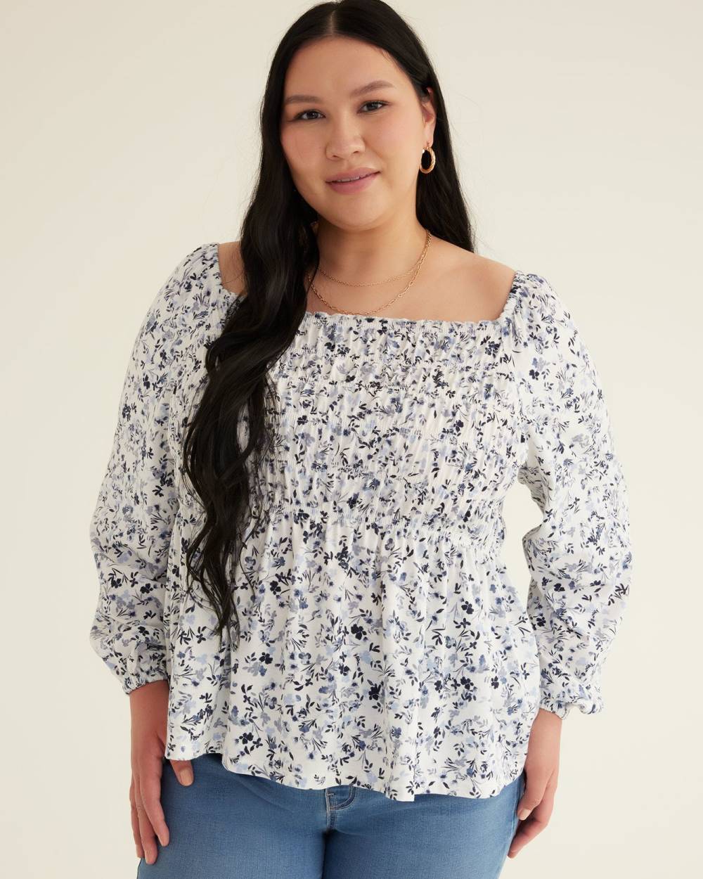 Floral-Print Smocked Square Neck Top