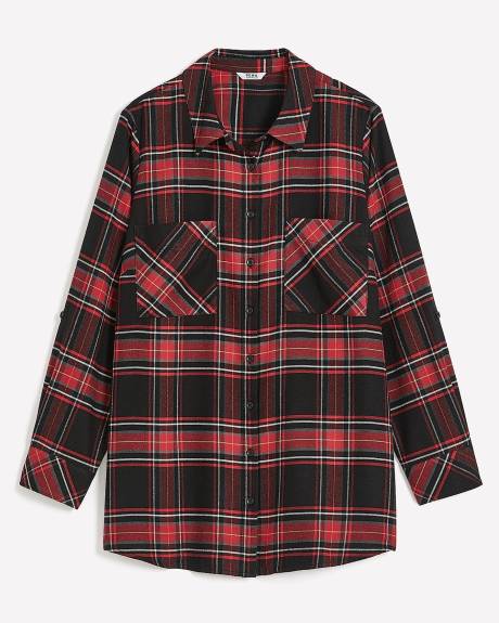 Plaid Flannel Shirt with Rolled-Up Sleeves