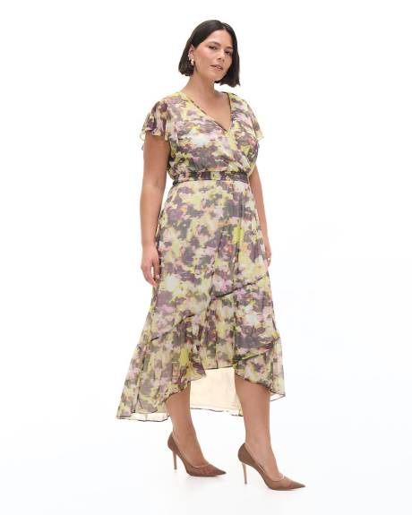 Printed Mesh Dress with Ruffle Details - Addition Elle