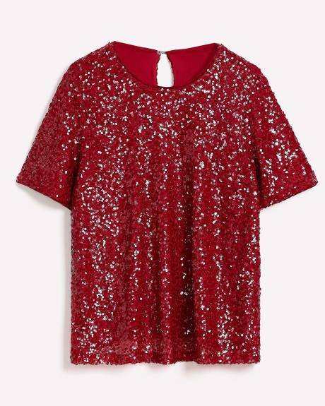 Red Short-Sleeve Sequins Knit Top