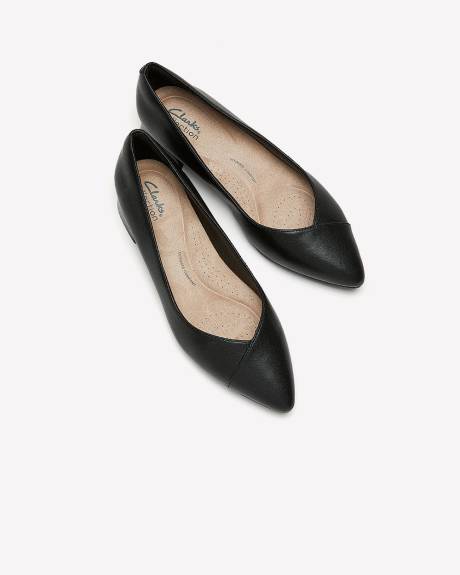 Wide Width, Black Leather Pointed Shoe with Low Block Heel - Clarks