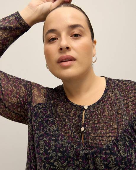 Long-Sleeve Mesh Top with Smocking