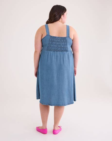 Robe mi-longue évasée sans manches en denim, tissu responsable