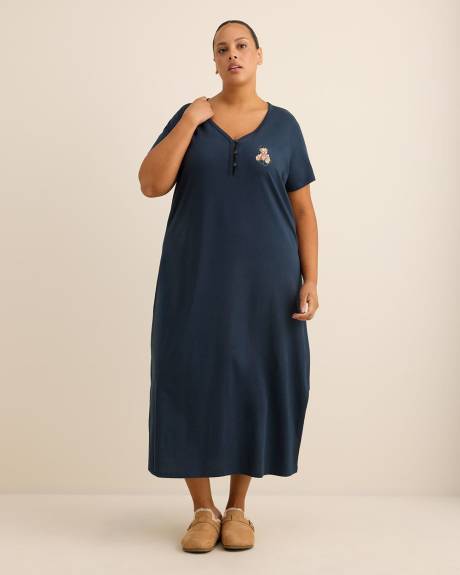 Long Blue Short-Sleeve Sleepshirt with Teddy Bear Placement Print - ti Voglio Long Blue Short-Sleeve Sleepshirt with Teddy Bear Placement Print - ti Voglio