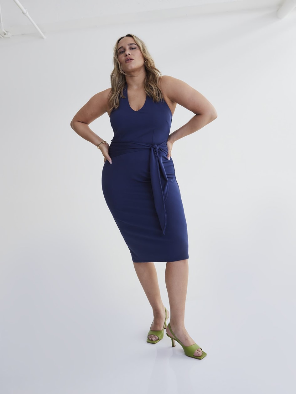 Navy Halter Neck Dress with Knotted Waist - Addition Elle