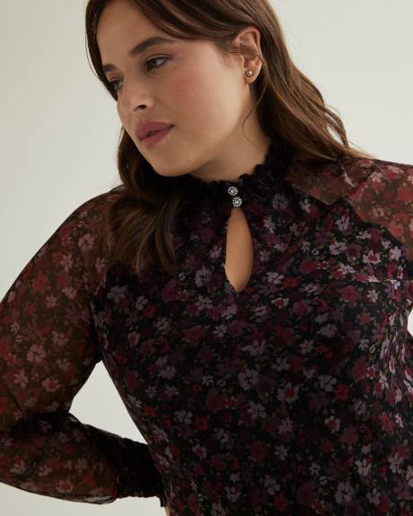 Floral Mesh Knit Top with Smocking Mock Neckline