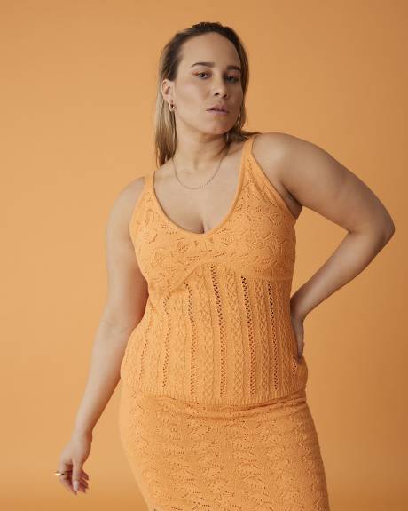 Orange Crochet V-Neck Sweater Tank Top - Addition Elle