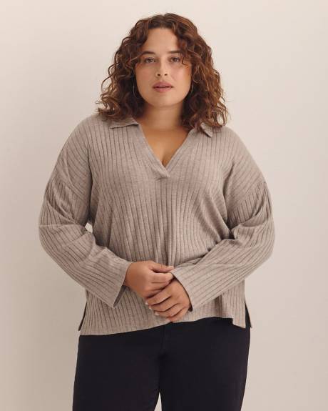 Ribbed Knit Polo Sweatshirt