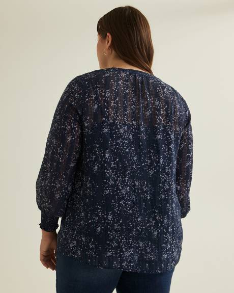 Floral Blouse with Split Neckline and Smocked Cuffs