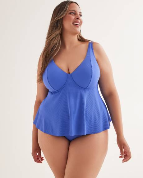 Blue Ribbed Plunge Tankini Top