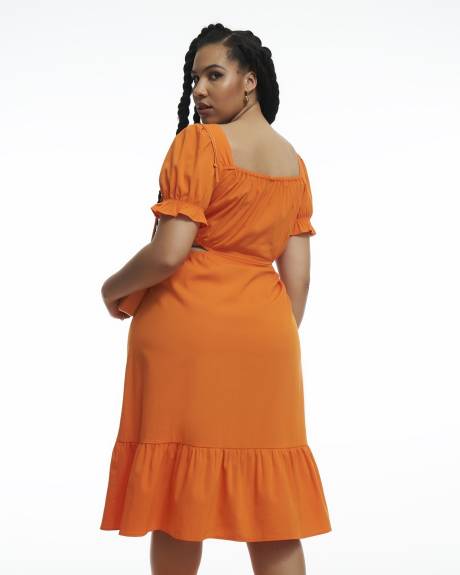 Puff-Sleeve Tiered Midi Dress with Waist Cut-Outs - Addition Elle