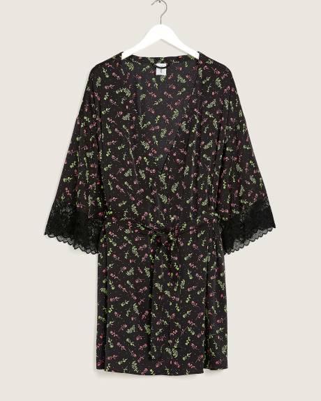 Sexy Floral Satin Robe with Lace Trims - Déesse Collection