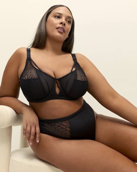 Culotte tanga en satin noir avec dentelle et maille - Déesse Collection