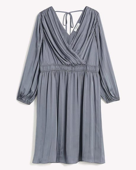 Blue Pleated Satin Faux-Wrap Dress - Addition Elle