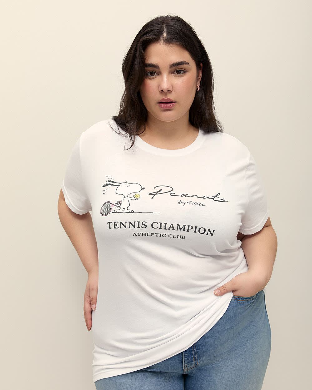 White Short-Sleeve Crewneck Tee with Snoopy Print