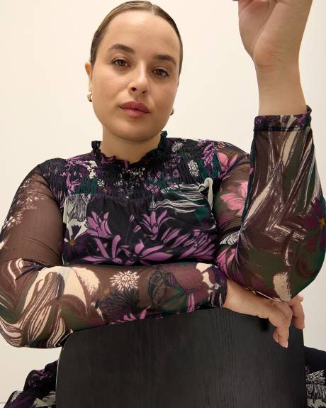 Robe en maille fleurie avec détails à smocks
