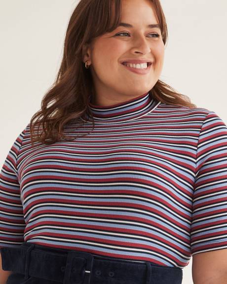 Ribbed Striped Elbow-Sleeve Fitted Knit Top
