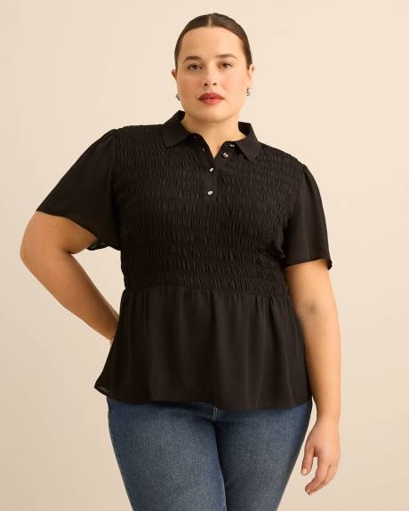 Responsible, Smocking Fit and Flare Blouse with Shirt Collar