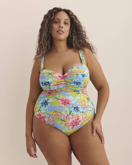 Maillot une-pièce froncé fleuri de style bandeau, avec armatures - Bleu by Rod Beattie