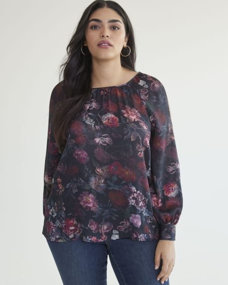 Printed Long-Sleeve Blouse with Cold Shoulder - Addition Elle