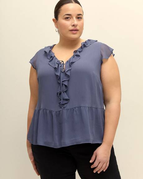 Blouse à manches courtes et col en V à volants