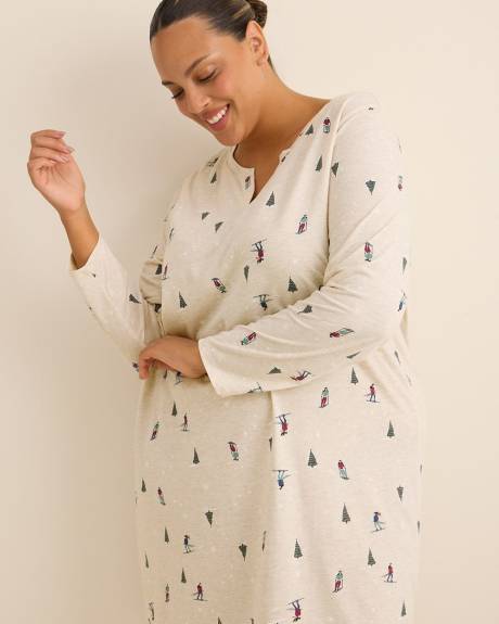 Ski-Print Long-Sleeve Heather Knit Sleepshirt - ti Voglio Ski-Print Long-Sleeve Heather Knit Sleepshirt - ti Voglio