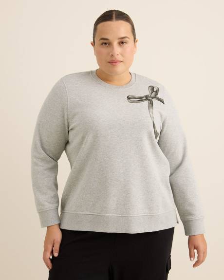 Heather Grey Fleece Crewneck Sweatshirt with Bow Heather Grey Fleece Crewneck Sweatshirt with Bow