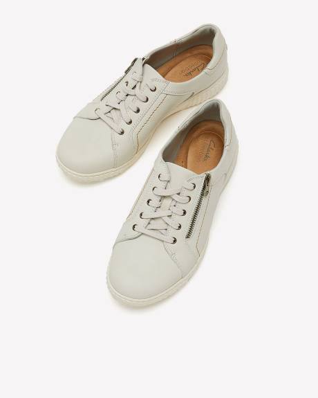 Wide Width, Caroline Janna White Leather Sneaker with Side Zip - Clarks