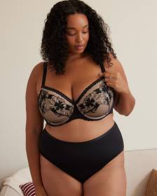 Black Underwire Padded Balconette Bra with Lace Trim - Déesse Collection