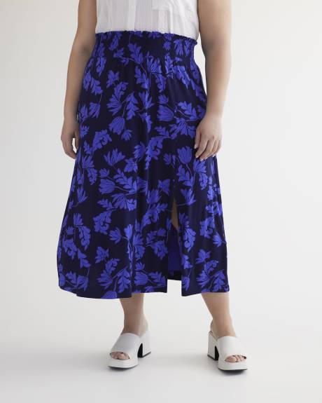 Jupe midi en tricot, motif à feuilles, tissu responsable