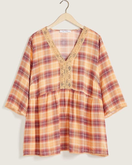 Plaid Blouse With Lace and Flutter Sleeves - In Every Story