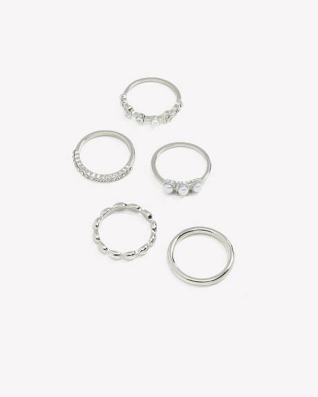 Silvery Rings with Pearls, Set of 5