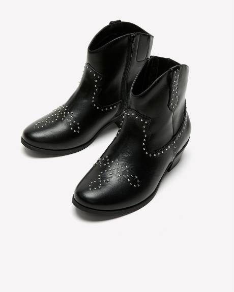 Bottillons western en cuir synthétique noir clouté, pied très large