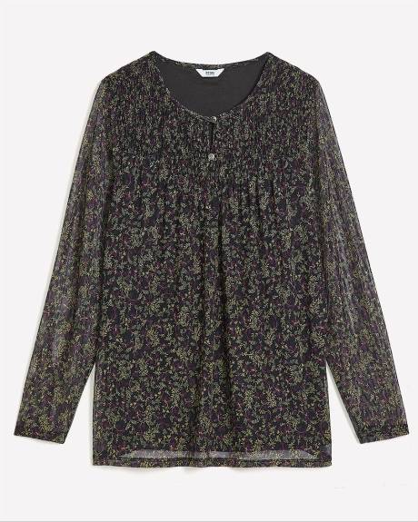 Long-Sleeve Mesh Top with Smocking