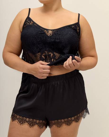 Sexy Satin Boxer Short with Lace and Side Slits - Déesse Collection